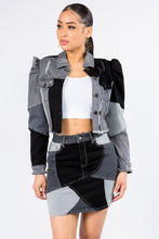 Load image into Gallery viewer, American Bazi Button Up Cropped Patchwork Denim Jacket
