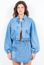 Load image into Gallery viewer, American Bazi Drawstring Waist Crop Denim Jacket
