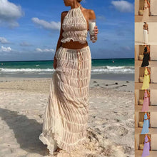 Load image into Gallery viewer, 2pcs Women's Dress Suit Sexy Sleeveless Backless Cropped Halter Top And Pleated Long Skirt Beach Clothing
