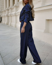 Load image into Gallery viewer, Women's Spring Fashion Striped Suits Casual Lapel Long Sleeve Cropped Top And Straight Pants Outfits Women's Clothing

